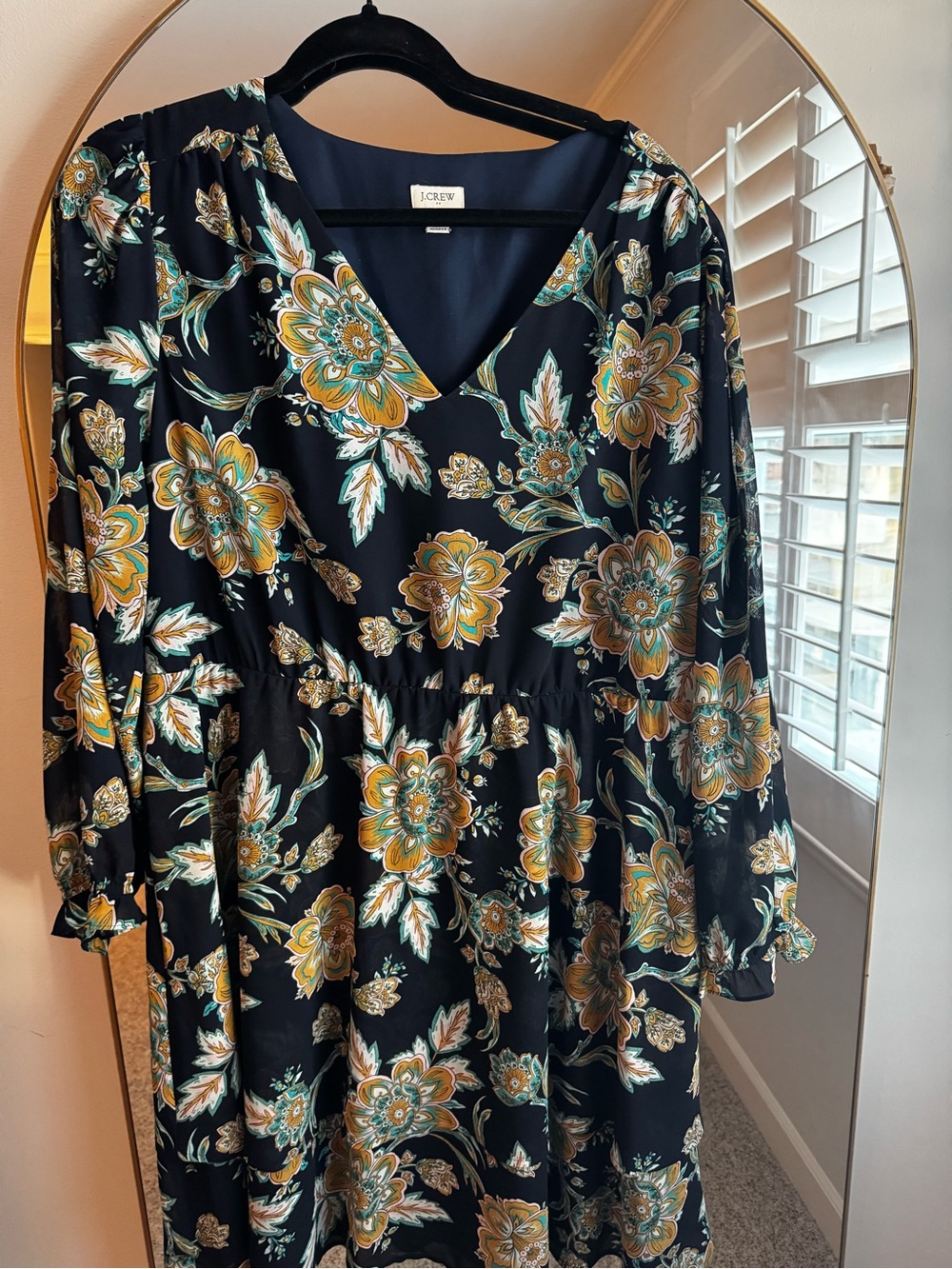 J. Crew Navy Blue Floral Long Sleeve V-Neck Midi Dress